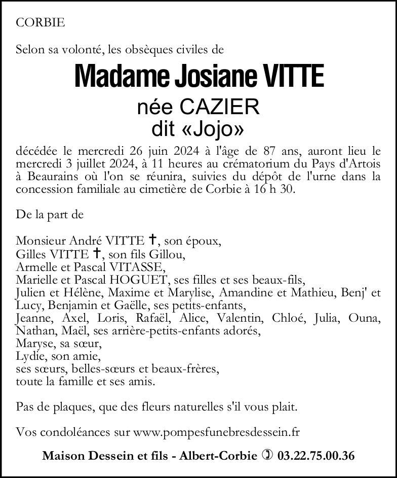 Avis de décès Josiane VITTE