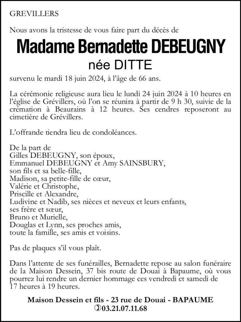 Avis de décès - Madame Bernadette DEBEUGNY née DITTE