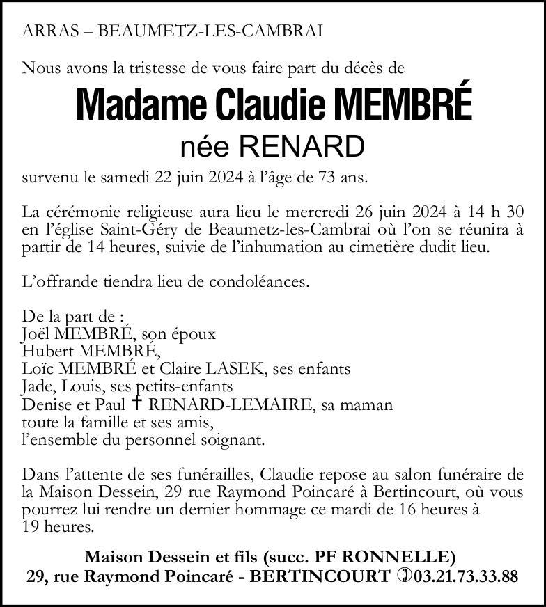 Avis de décès - Madame Claudie MEMBRE née RENARD