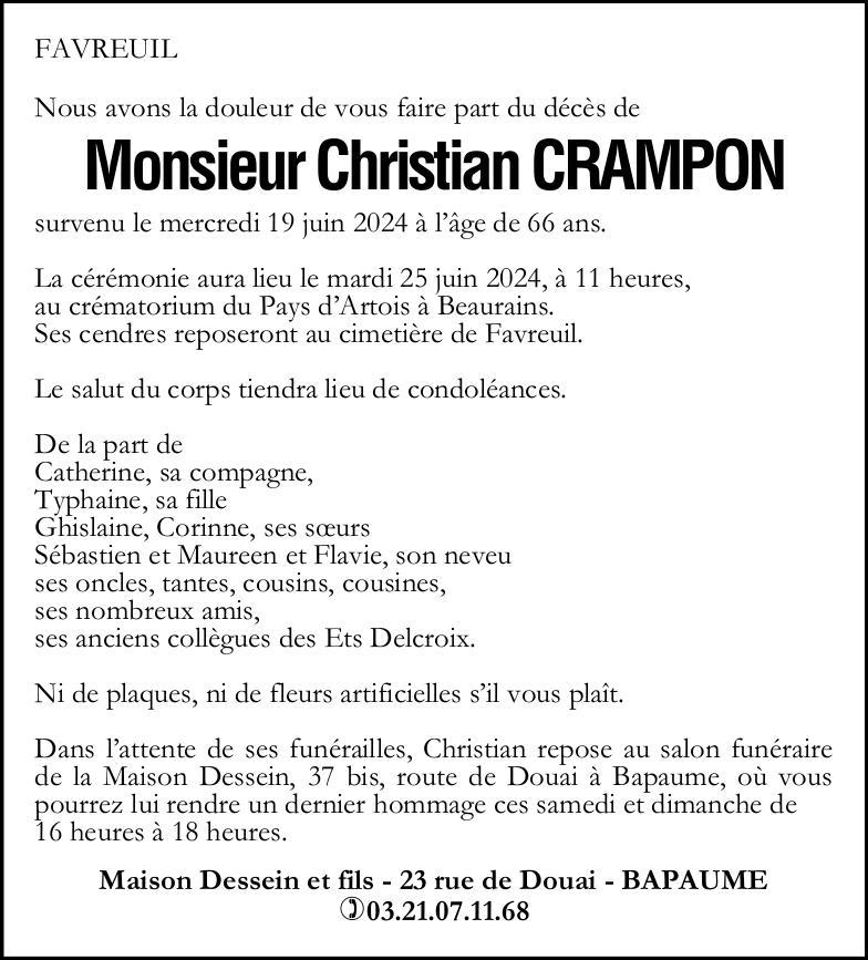 Avis de décès - Monsieur Christian CRAMPON