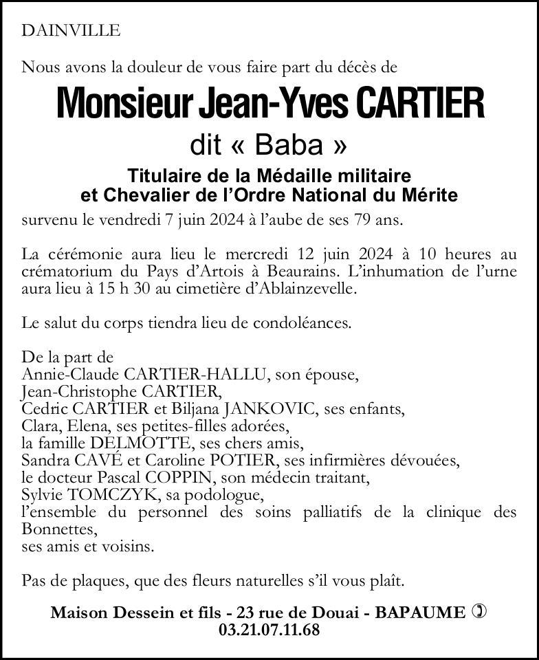 Avis de décès - Monsieur Jean-Yves CARTIER