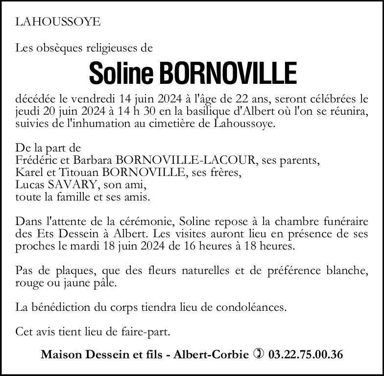 Avis de décès Soline BORNOVILLE