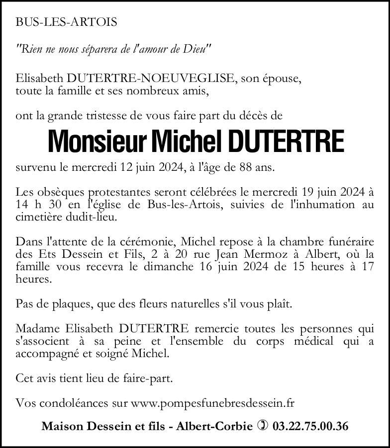 Avis de décès de Monsieur Michel DUTERTRE