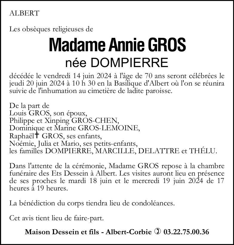 Avis de décès Annie GROS