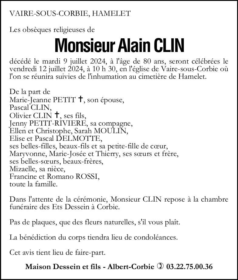 Avis de décès Alain CLIN