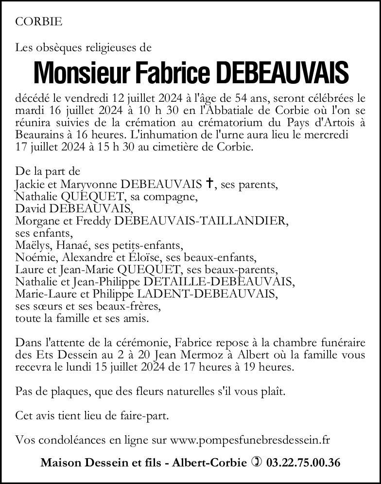 Avis de décès Fabrice DEBEAUVAIS