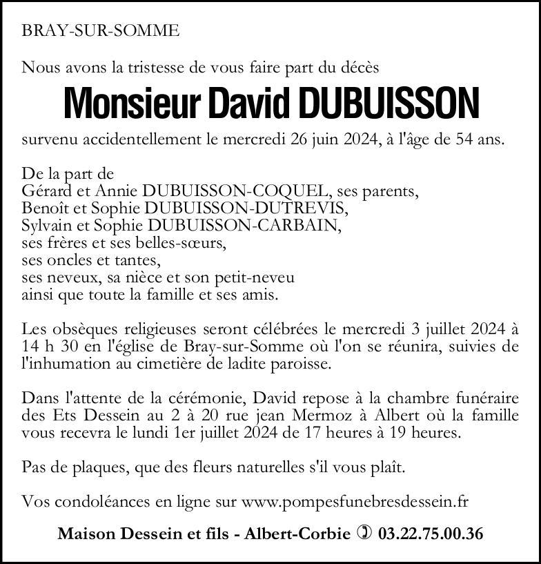 Avis de décès M David DUBUISSON