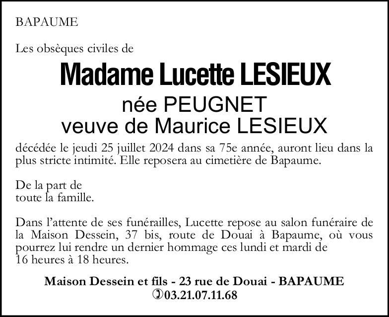 Avis de décès - Madame Lucette LESIEUX née PEUGNET