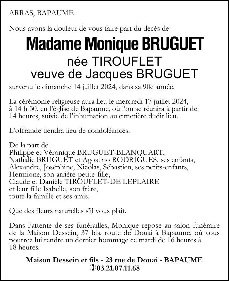 Avis de décès - Madame Monique BRUGUET née TIROUFLET