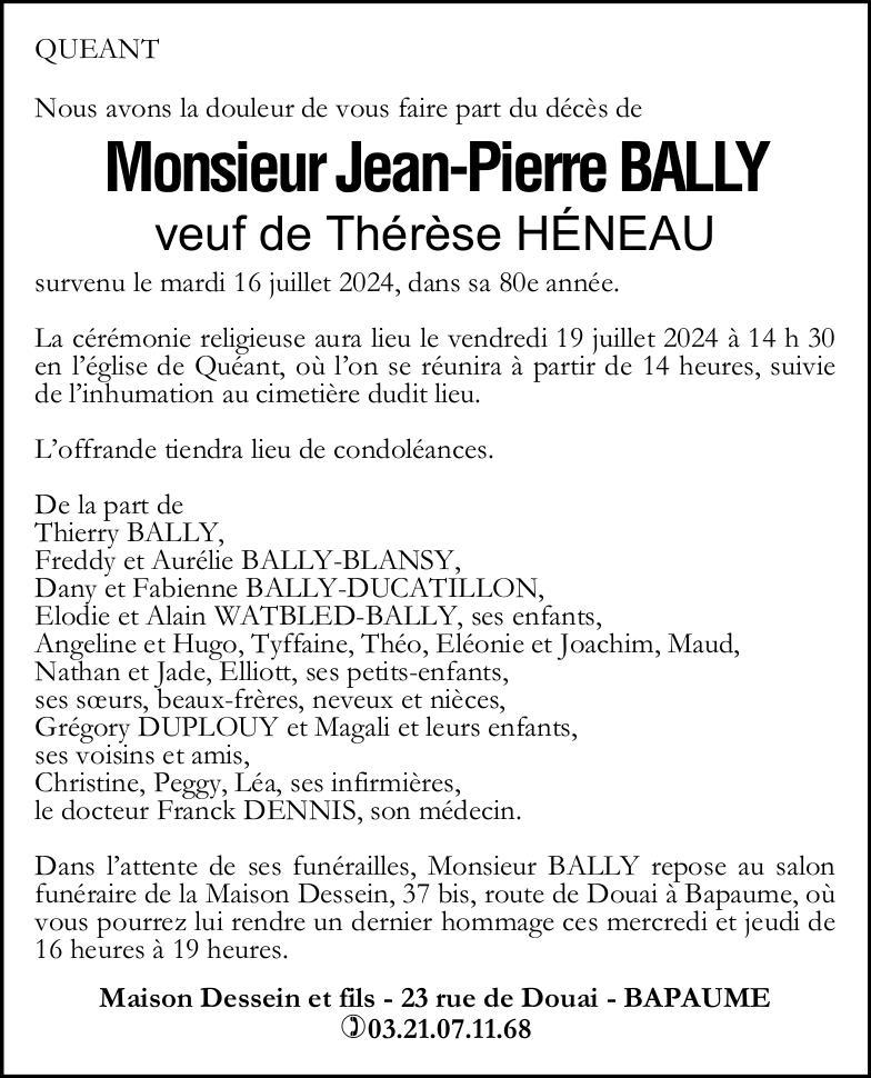 Avis de décès - Monsieur Jean-Pierre BALLY