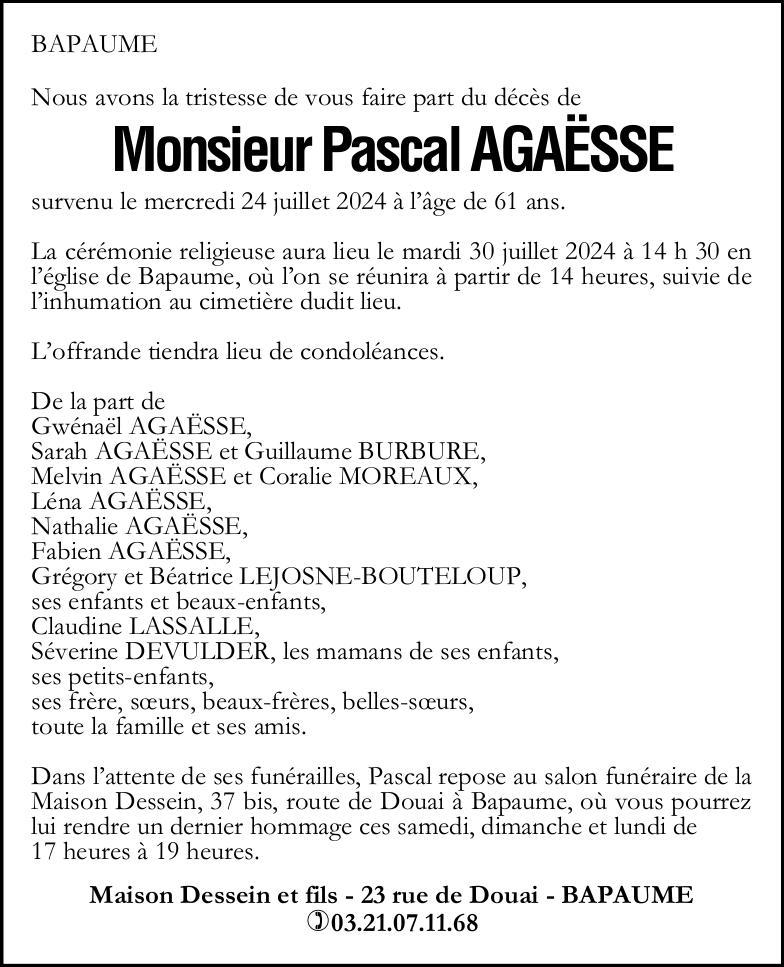 Avis de décès - Monsieur Pascal AGAESSE