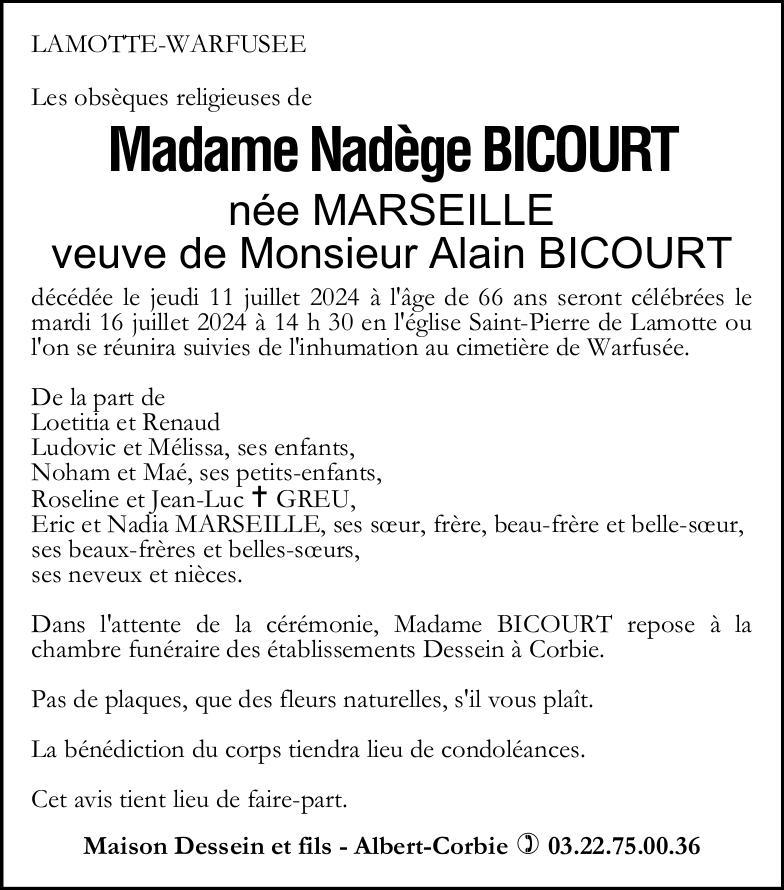 Avis de décès Nadège BICOURT