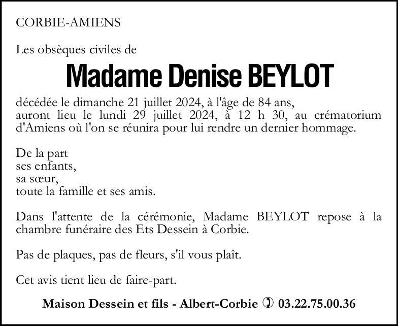 Avis de décès de Madame Denise BEYLOT