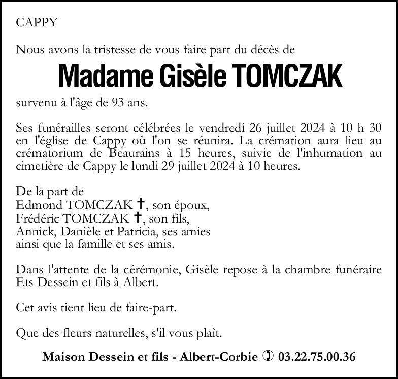 Avis de décès de Madame Gisèle TOMCZAK née DHENIN