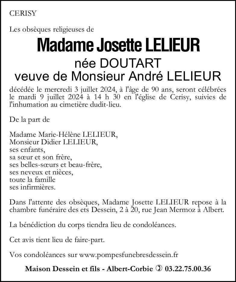 Avis de décès de Madame Josette LELIEUR née DOUTART