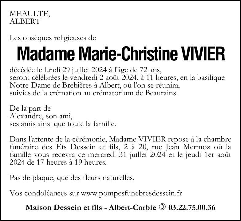 Avis de décès de Madame Marie-Christine VIVIER