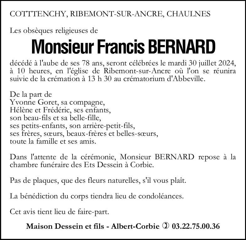 Avis de décès de Monsieur Francis BERNARD