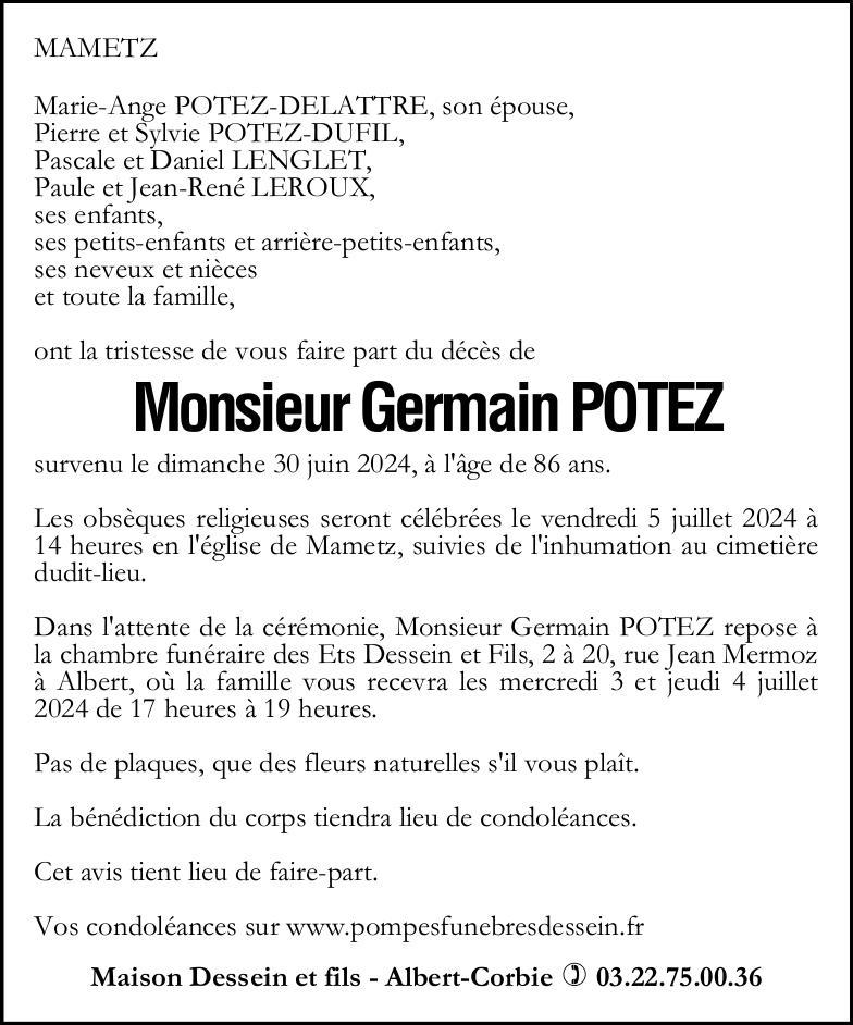 Avis de décès de Monsieur Germain POTEZ