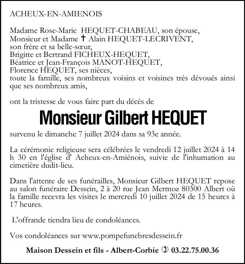 Avis de décès de Monsieur Gilbert HECQUET