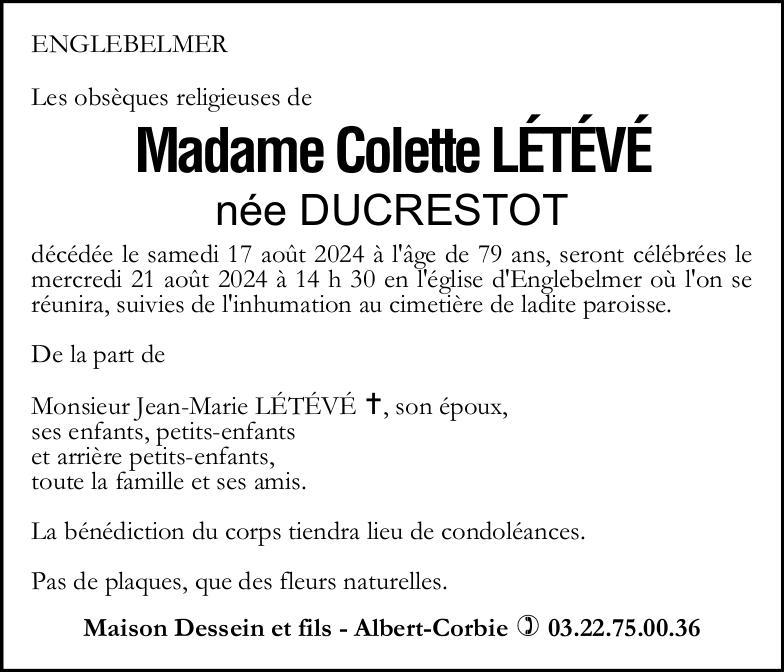 Avis de décès Colette LETEVE