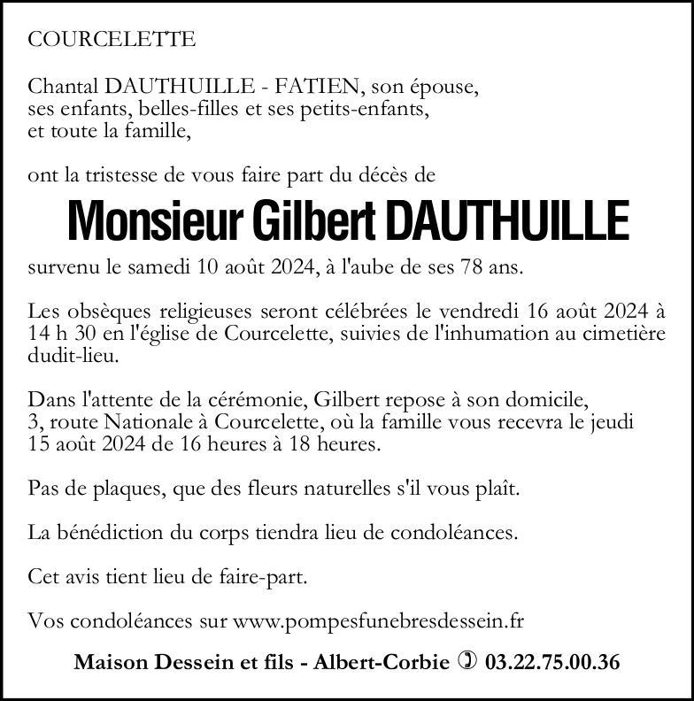 Avis de décès Gilbert DAUTHUILLE