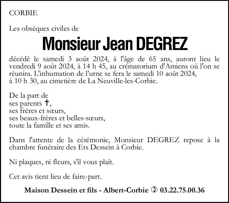 Avis de décès Jean DEGREZ