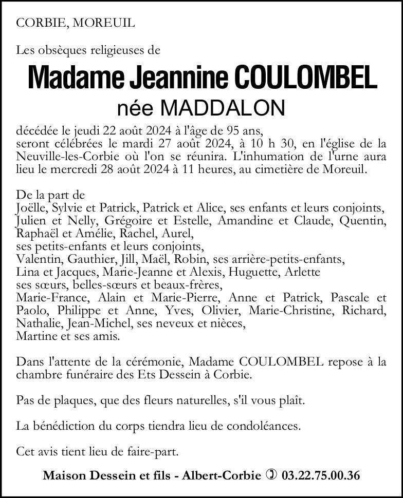 Avis de décès Jeannine COULOMBEL