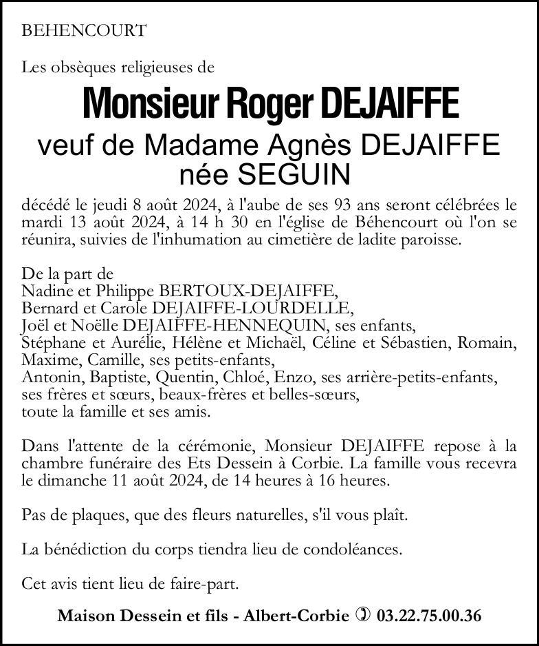 Avis de décès M DEJAIFFE Roger