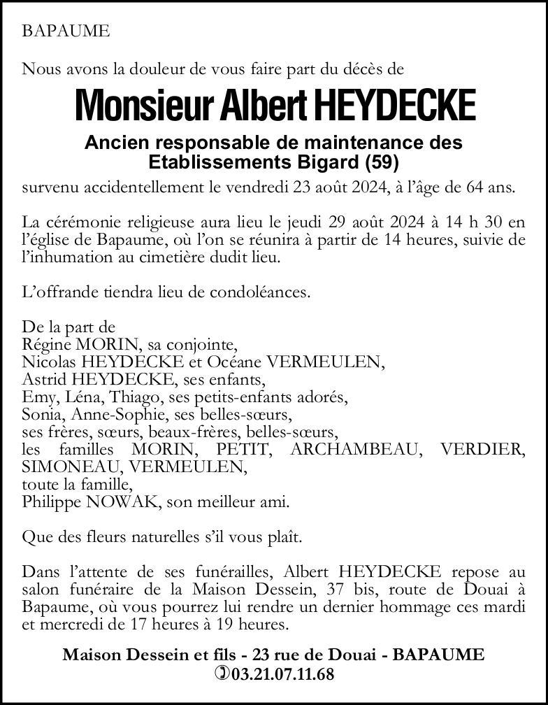 Avis de décès - Monsieur Albert HEYDECKE