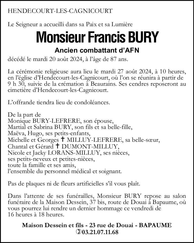 Avis de décès - Monsieur Francis BURY