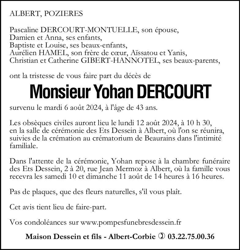 Avis de décès Yohan DERCOURT