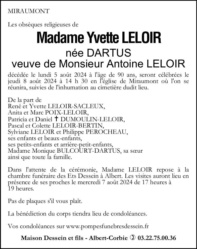 Avis de décès Yvette LELOIR