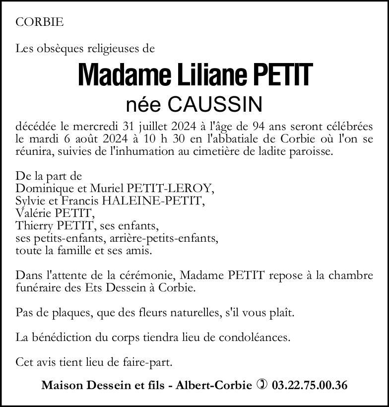 Avis de décès de Madame Liliane PETIT née CAUSSIN