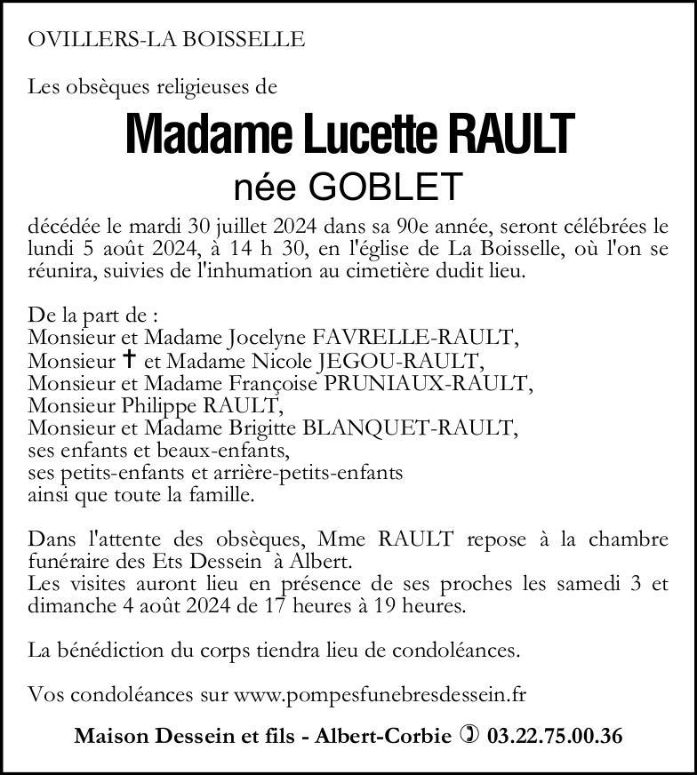 Avis de décès de Madame Lucette RAULT née GOBLET