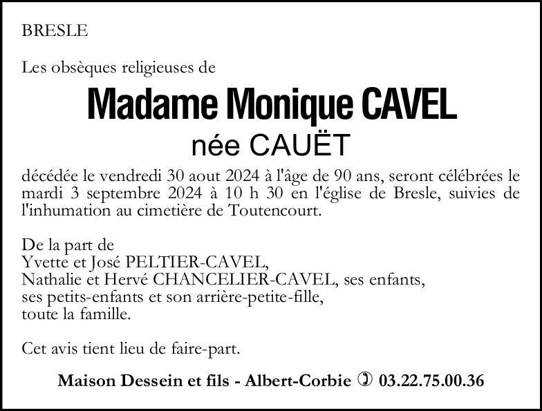 Avis de décès de Mme Monique CAVEL