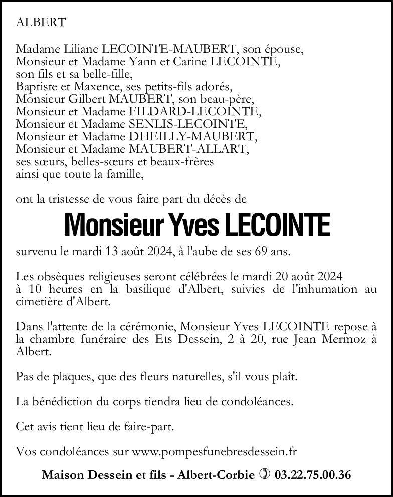 avis de décès de Monsieur Yves LECOINTE