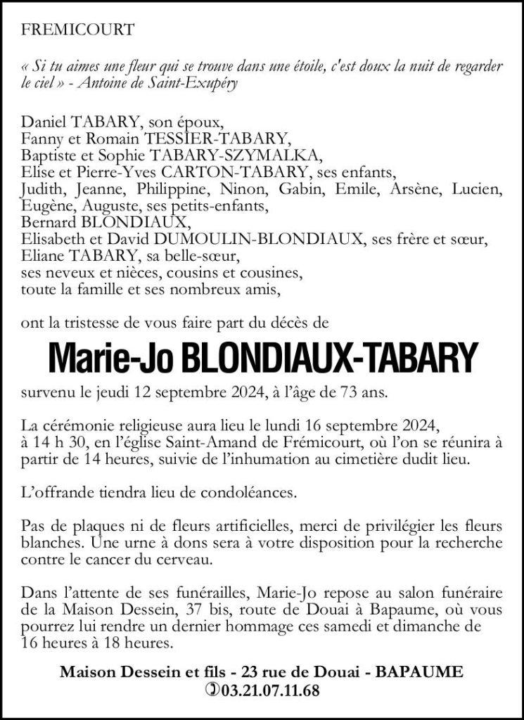 Avis de décès - Madame Marie-Jo TABARY née BLONDIAUX(1)