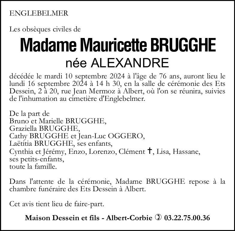 Avis de décès Mauricette BRUGGHE