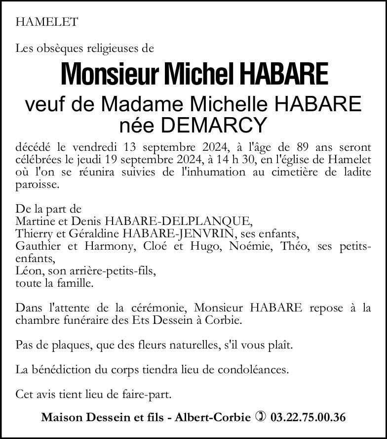 Avis de décès Michel HABARE