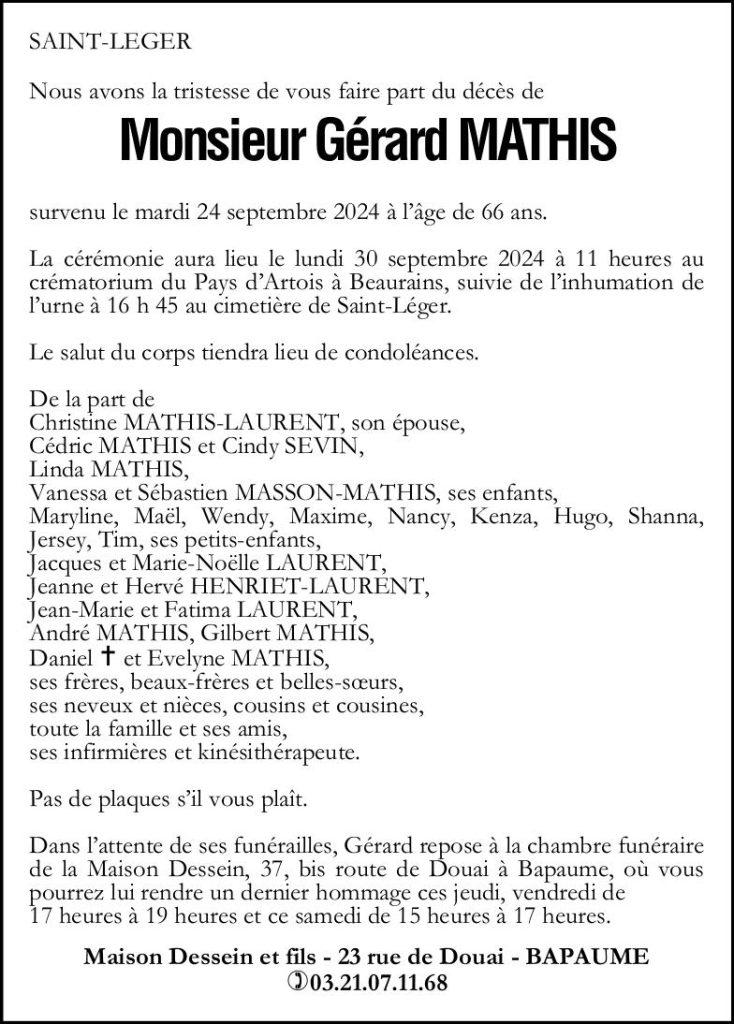 Avis de décès - Monsieur Gérard MATHIS