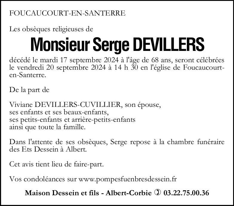 Avis de décès Serge DEVILLERS