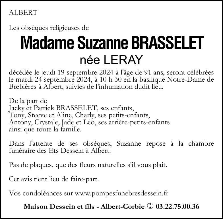 Avis de décès Suzanne BRASSELET