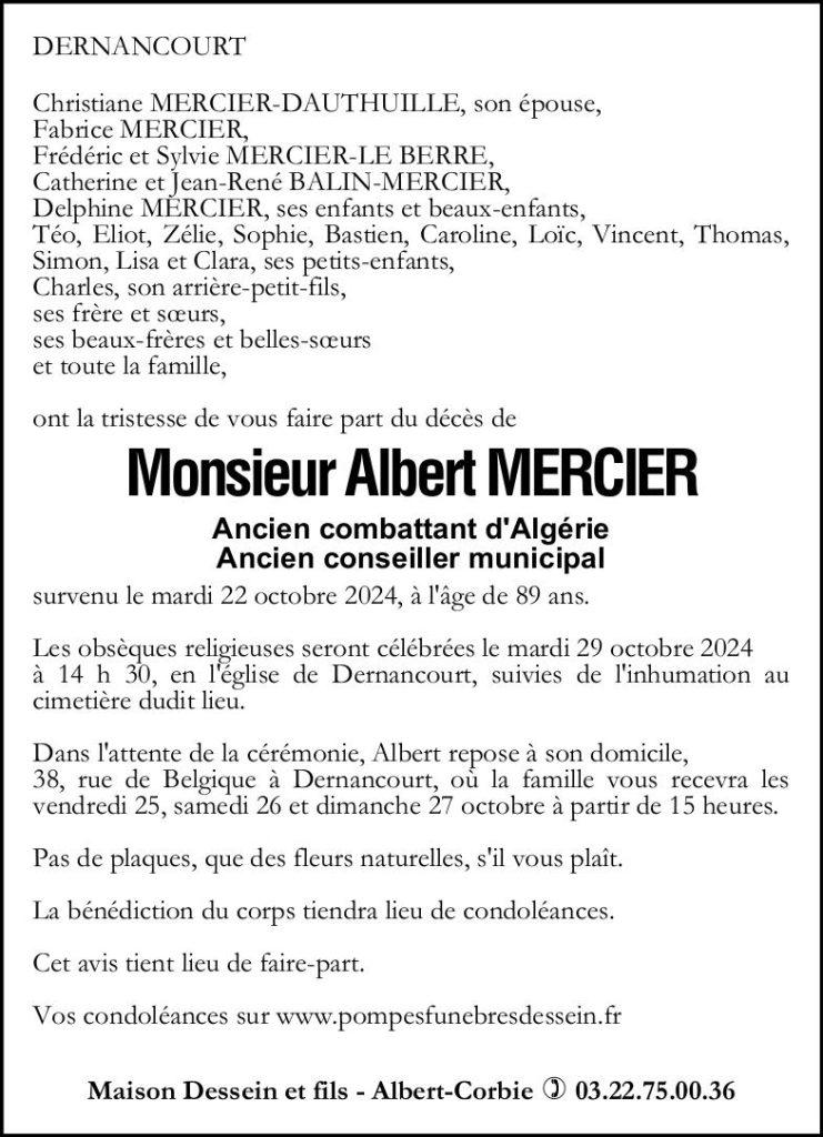 Avis de décès Albert MERCIER