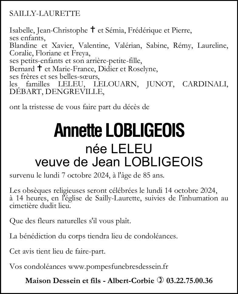 Avis de décès Annette LOBLIGEOIS