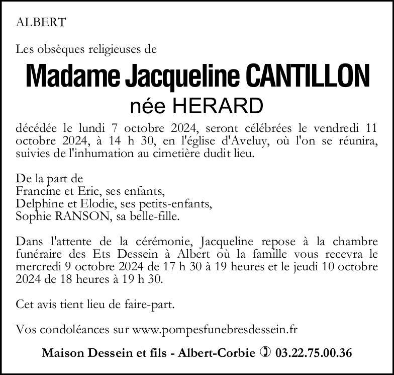 Avis de décès Jacqueline CANTILLON