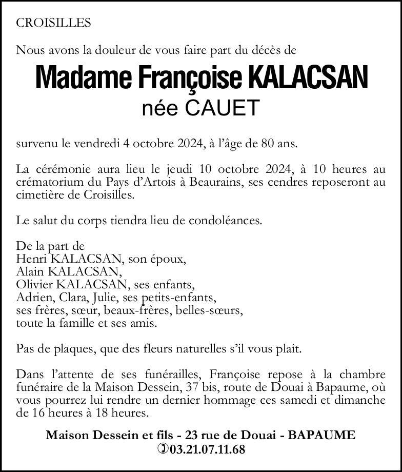 Avis de décès - Madame Françoise KALACSAN née CAUET