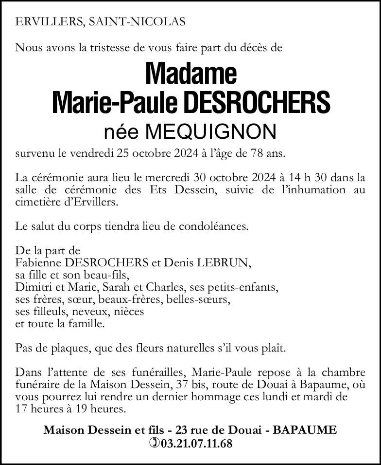 Avis de décès - Madame Marie-Paule DESROCHERS née MEQUIGNON