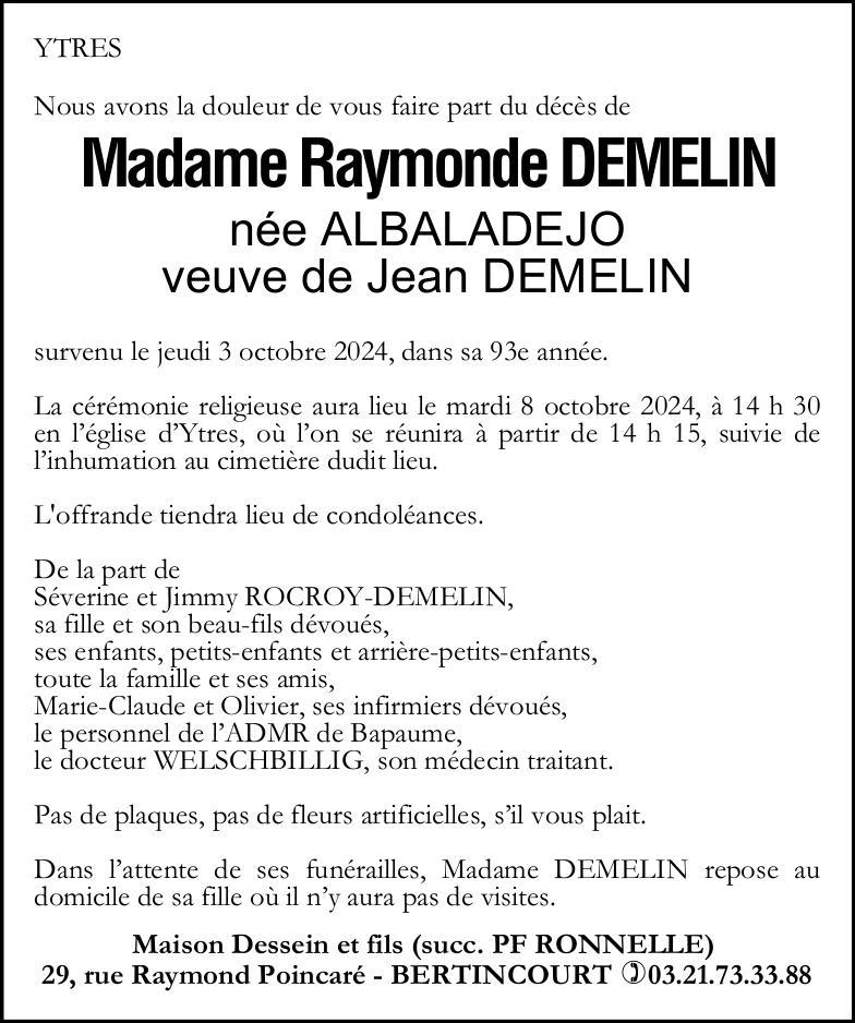 Avis de décès - Madame Raymonde DEMELIN née ALBALADEJO