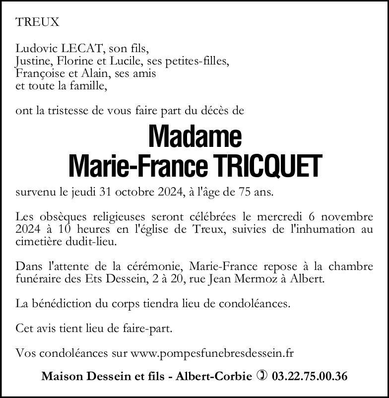 Avis de décès Marie-France TRICQUET