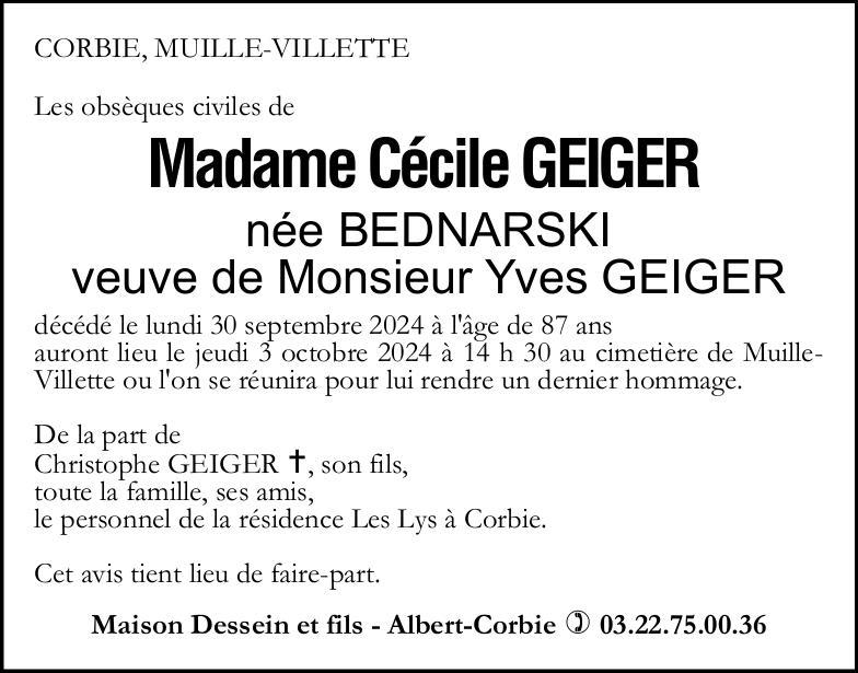 Avis de décès Mme Cécile GEIGER